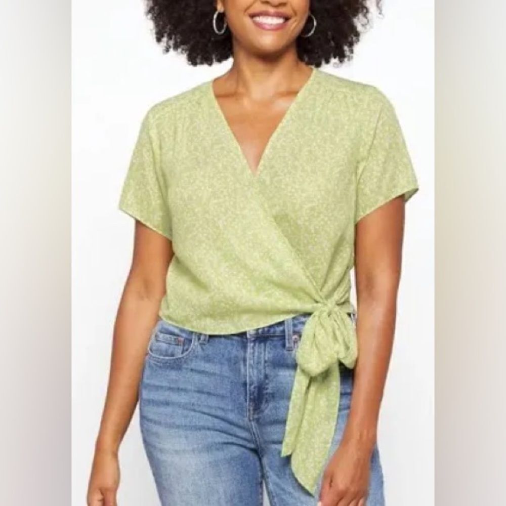 Lush Light Green Wrap Tie-Front Blouse